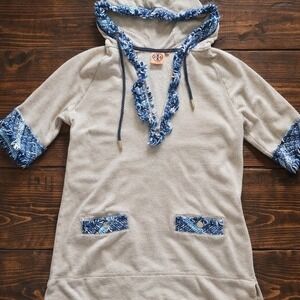 Tory Burch Hooded‎ Tunic Dress Womens Small Oatmeal Blue Tweed Trim Short Sleeve